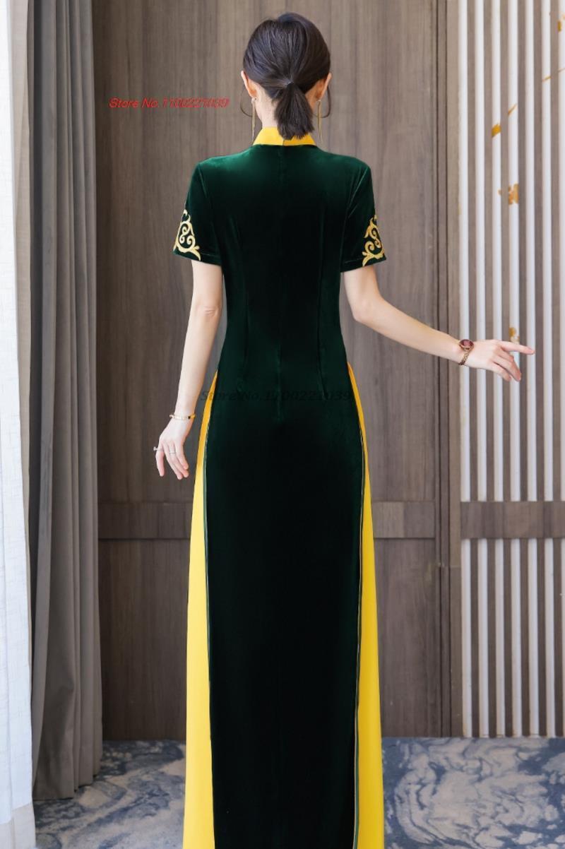 2024 woman aodai vietnam traditional vietnam velvet dress+pants set flower embr image 5