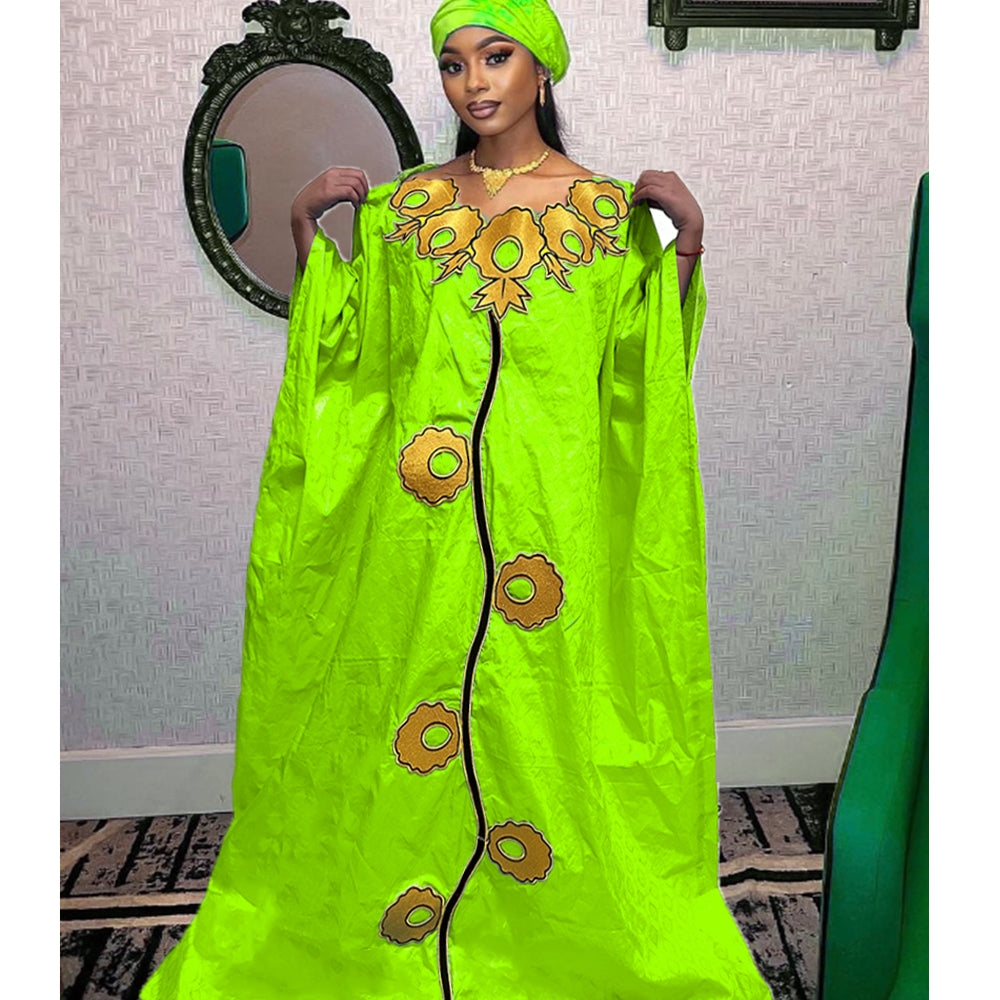 High Quality African Women Bazin Riche Dresses With Headscarf Embroid Stone Nig image 5