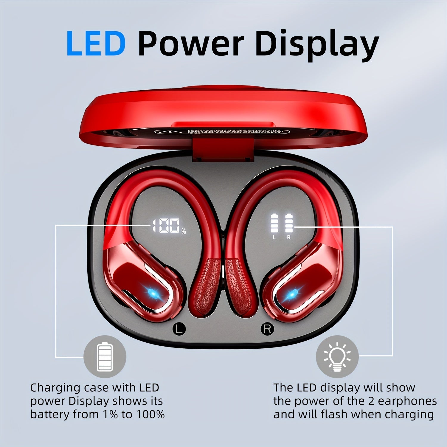 Wireless Earbuds For Running Sports Wireless Earphones With Earhooks, Dual-LED image 6