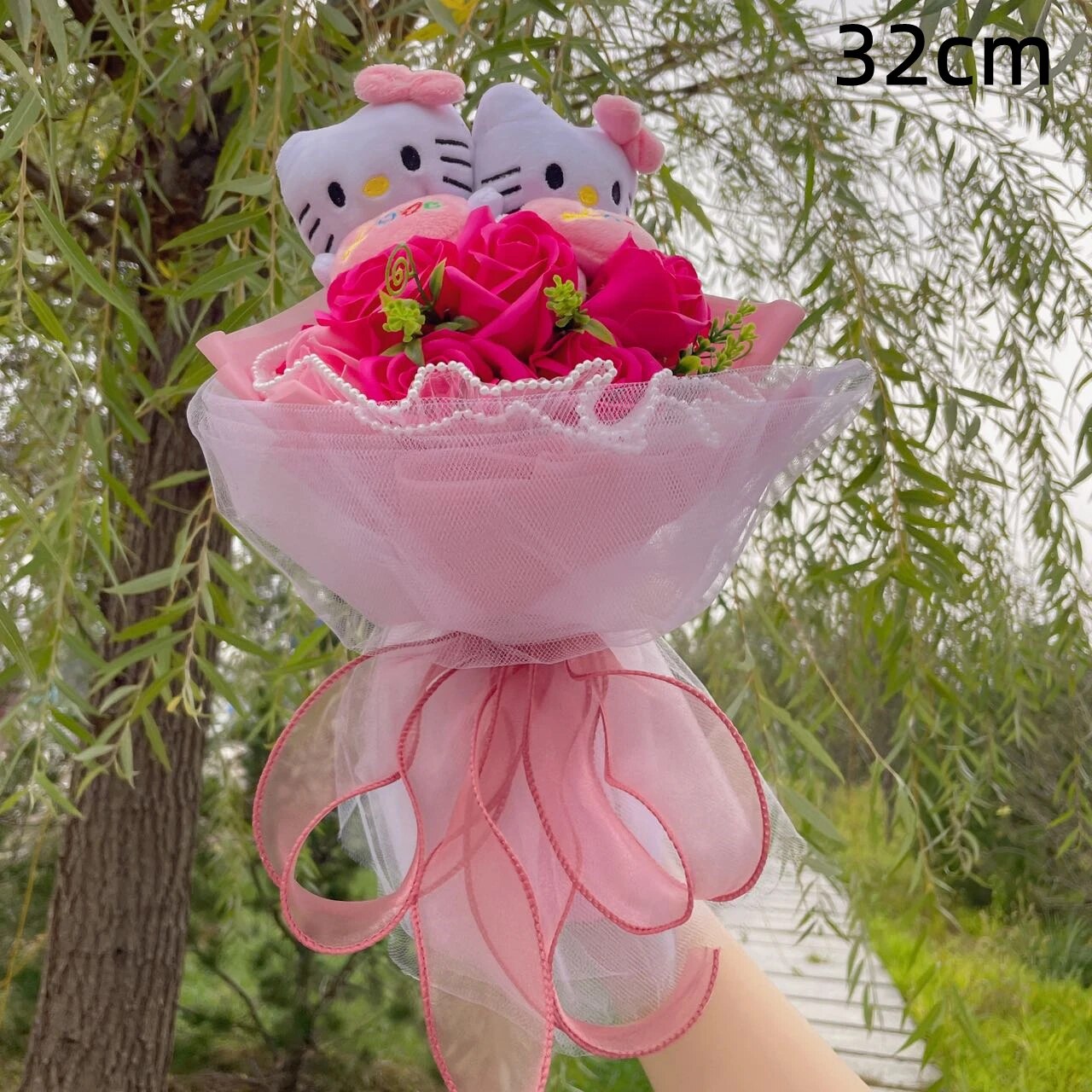 Kawaii Hello Kitty Cat Plush Dolls  Rose Soap Flowers Bouquet Christmas Valenti image 9