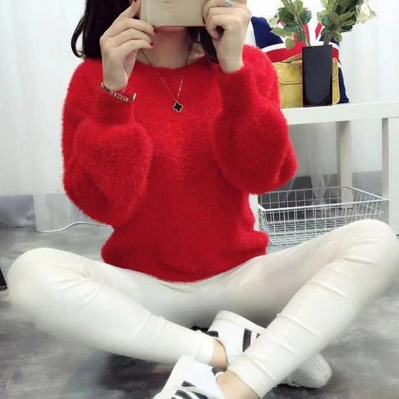 Winter Imitate Mink Wool Hot Fleecing Female Casual Sweater O-neck Long Puff Pi image 4