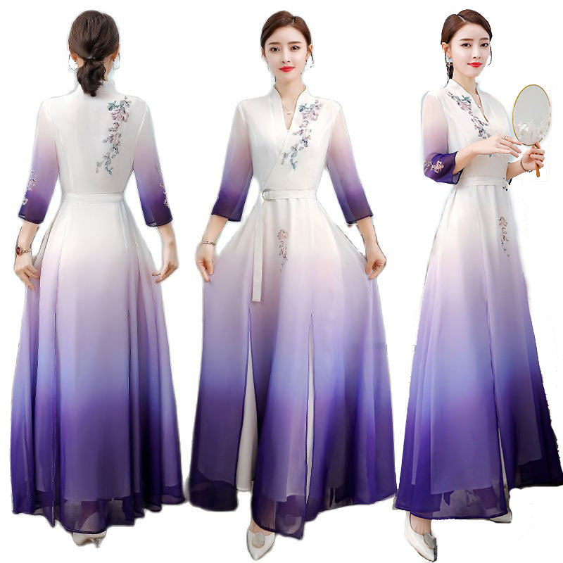 Aodai Floral Print Party Dress Oriental Women Chinese Style Cheongsam 3/4 Sleev image 1