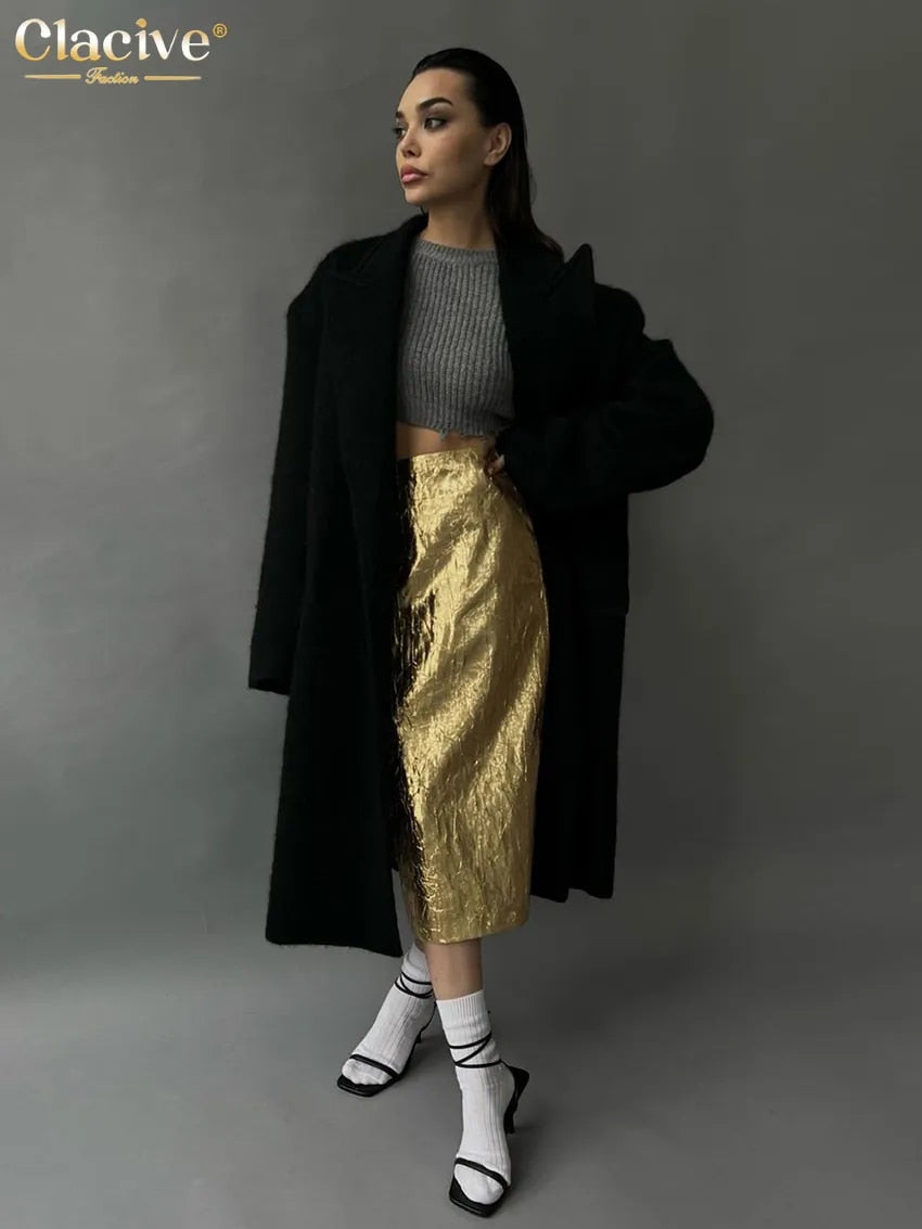 Clacive Fashion Slim Gold Women'S Skirt Elegant Chic High Waist Midi Skirts Str image 6