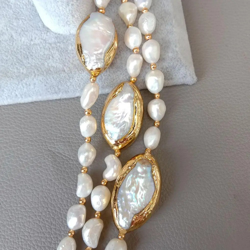 Y·YING 20" 3 rows Cultured Baroque Pearl Necklace Keshi Pearl Gold color Plated image 4