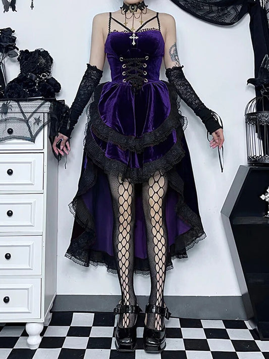 InsGoth Gothic Hi Low Swing Cocktail Party Dress Women's Vintage Goth Lace Smoc image 0