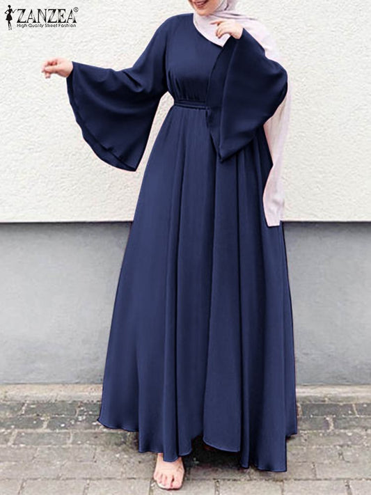 ZANZEA Women Muslim Maxi Dress Solid Color O-Neck Long Sleeve Turkish Abaya Rob image 0