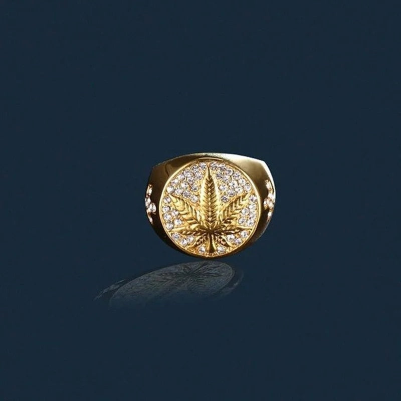 Business Men's Gold Color Carved Golden Maple Leaf Rings for Men Punk Inlaid wi image 3