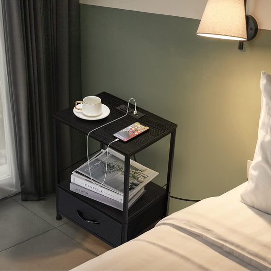 Nightstand with Charging Station Side End Table Fabric Sliding Storage Drawer B image 0