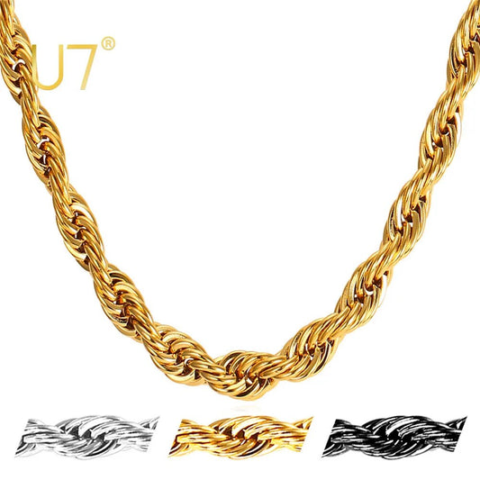 U7 Thick Stainless Steel Twisted Rope Chain Necklace For Men Gold Color Hippie  image 0