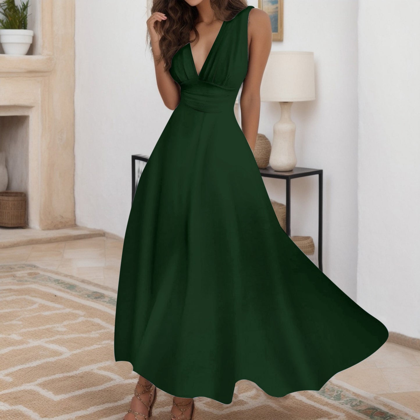 Women Elegant A Line Sleeveless White Midi Dress Casual Female Sping Summer V-n image 4