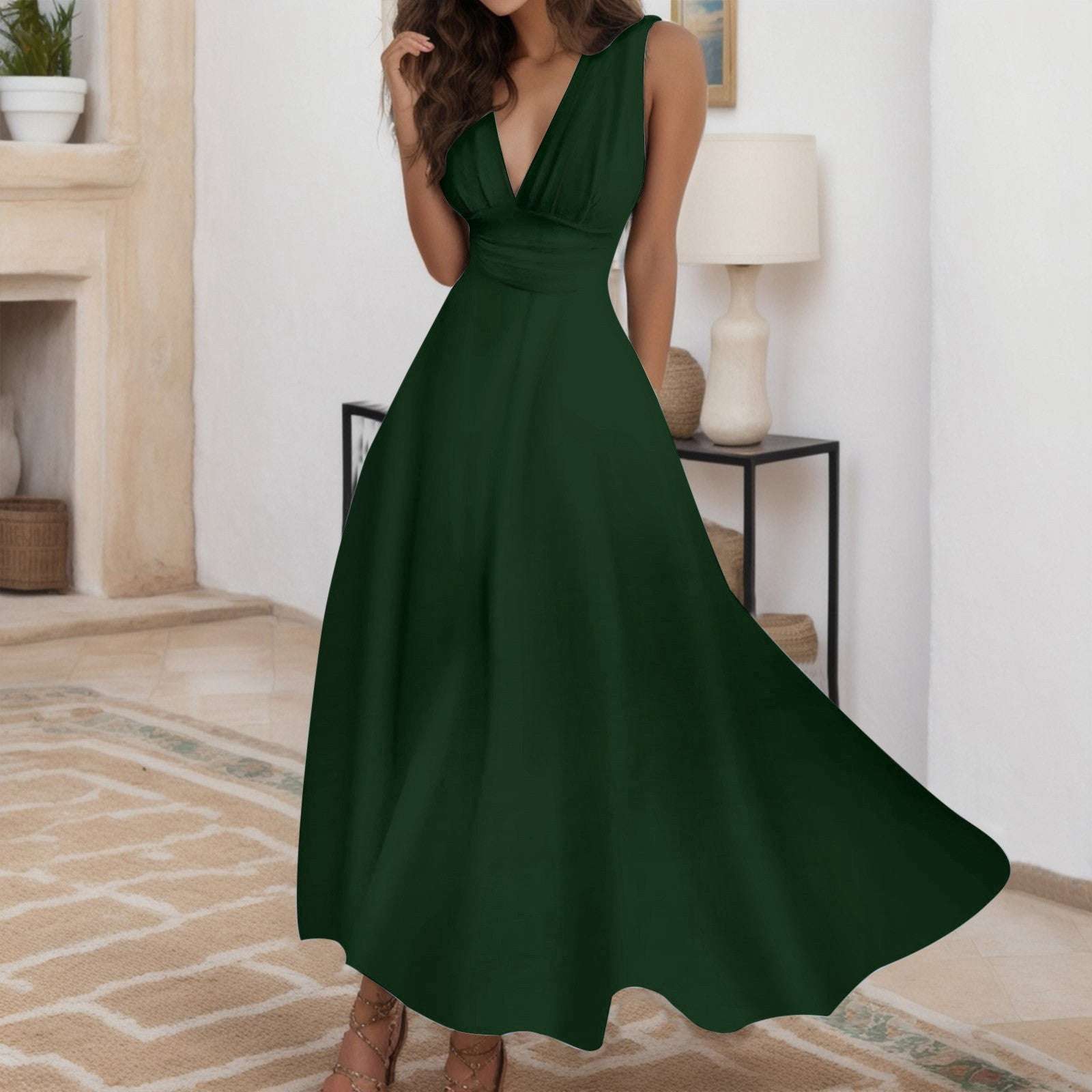 Women Elegant A Line Sleeveless White Midi Dress Casual Female Sping Summer V-n image 4