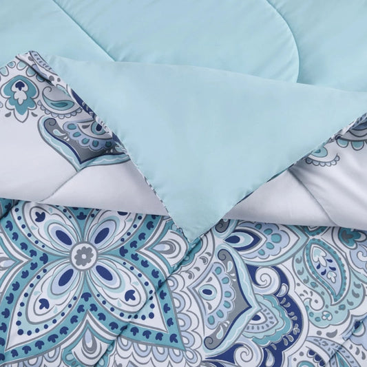 Mainstays Teal Medallion 10 Piece Bed in a Bag Comforter Set with Sheets, Queen image 0