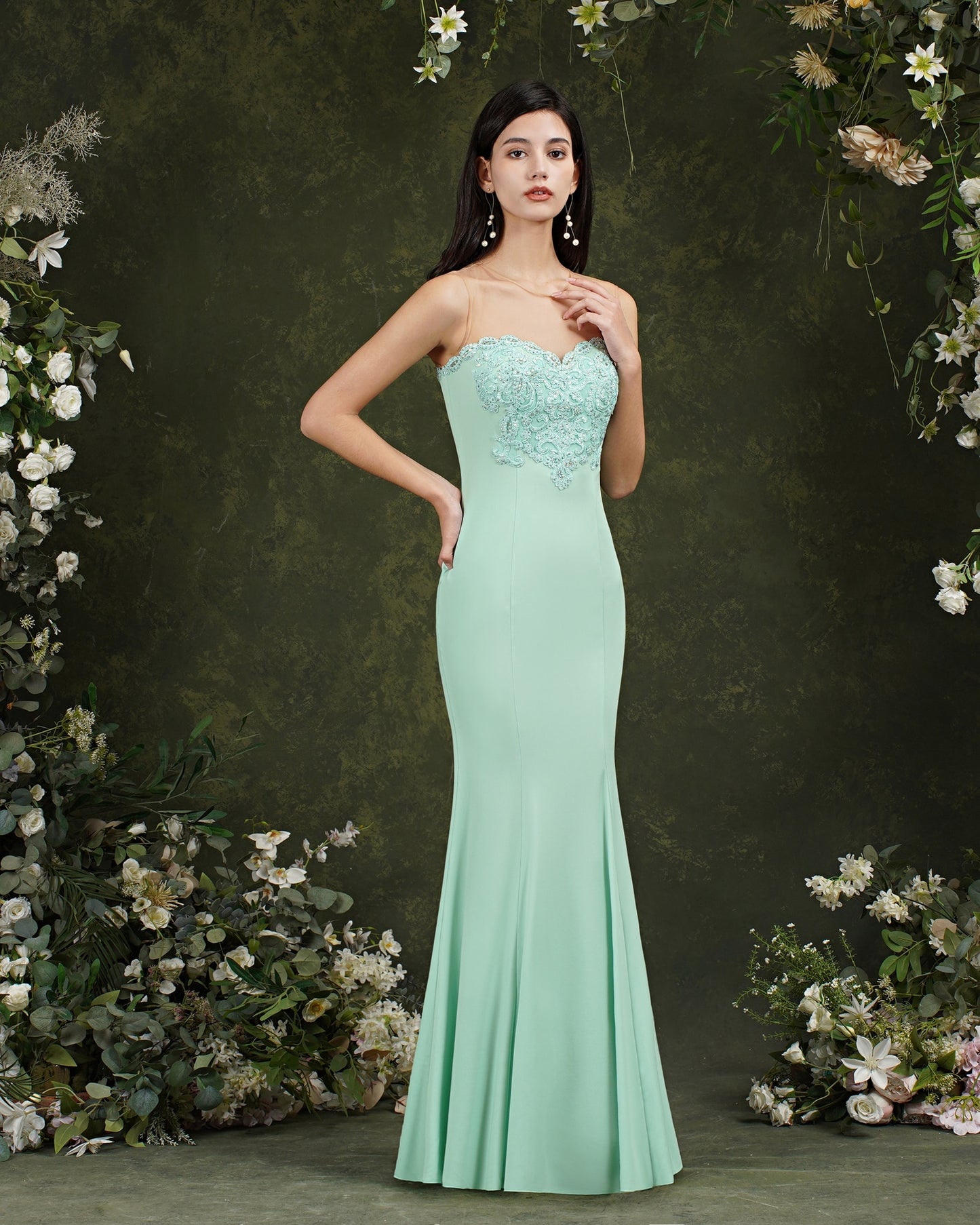 BABYONLINE Mermaid Bridesmaid Dresses Mint Green Gold Appliqués Beads Sweethear image 2