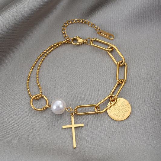 MEYRROYU Stainless Steel Layered Golden Pendant Bracelet For Women Retro image 0