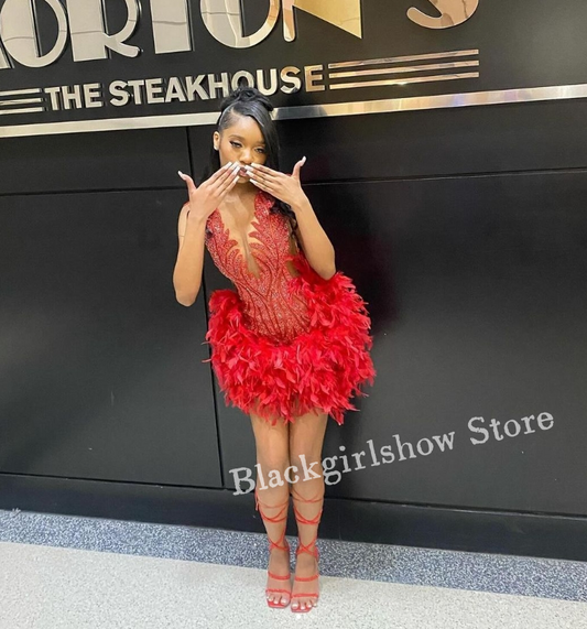 Sexy Feather Short Homecoming Party Dress For Black Girls Red Crystal Applique  image 0