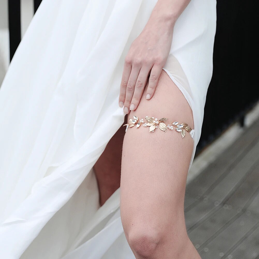 Jewelry Crystal Wedding European and American bridal garter Gold Leaf Wedding D image 0