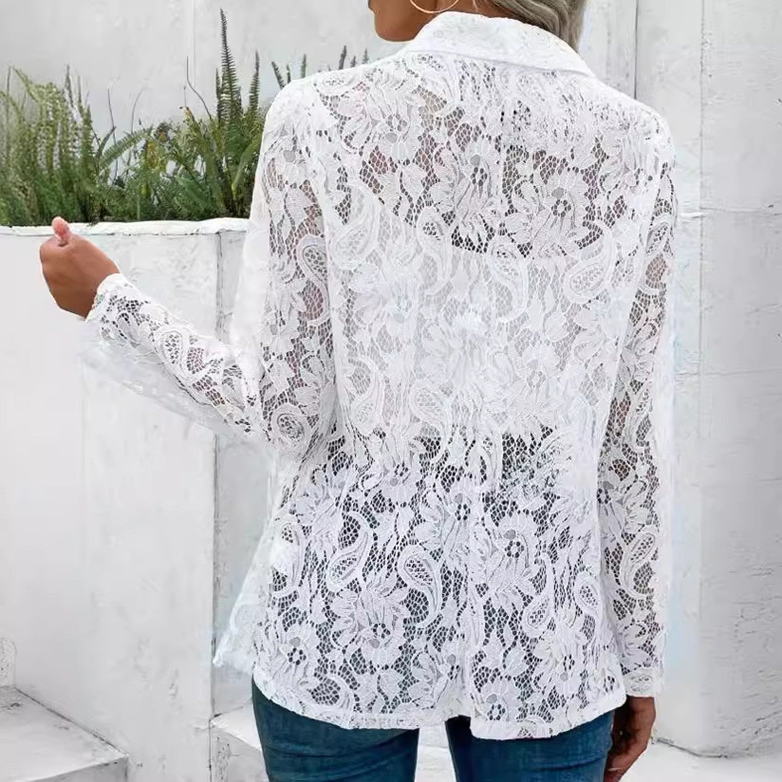 White Lace Hollow Out Women's Suit Coat Solid Open Stitch Blazers Outdoor Forma image 3