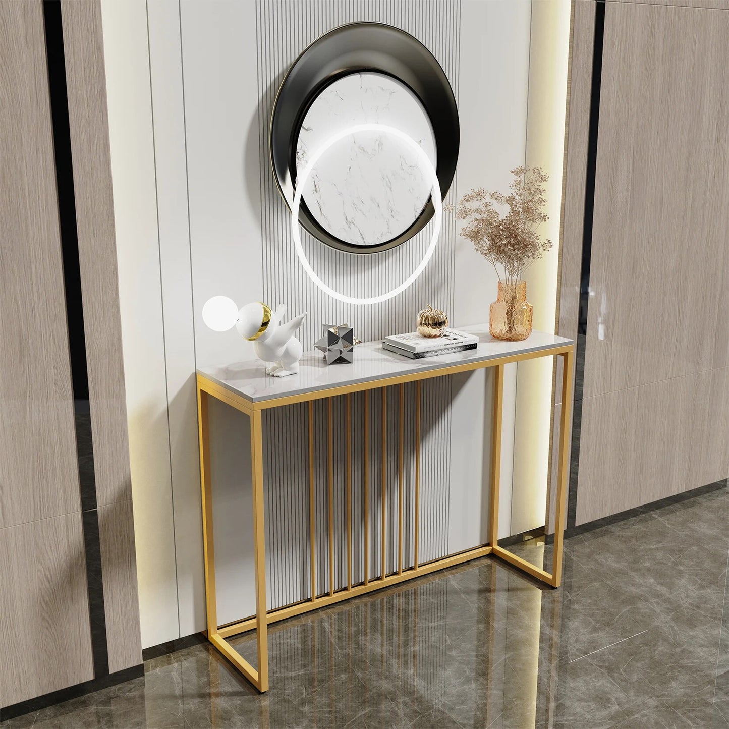 Modern Accent Console Marble Table Gold Metal Frame Storage Display Shelf Narro image 2