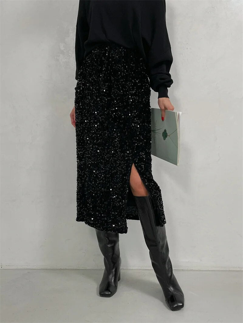 Silver Black Sequin Skirt Women Elegant Vintage Punk Evening Dress Slit Cute Su image 6