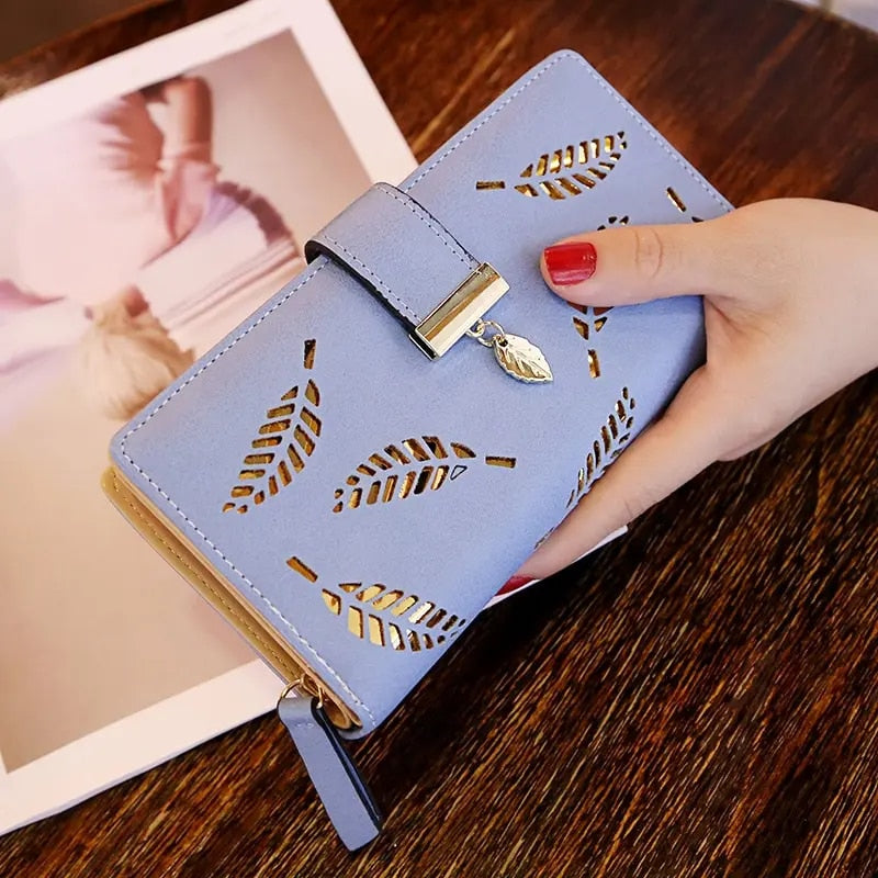Fashion PU Leather Wallet Purse Women Long Wallet Gold Hollow Leaves Pouch Hand image 0