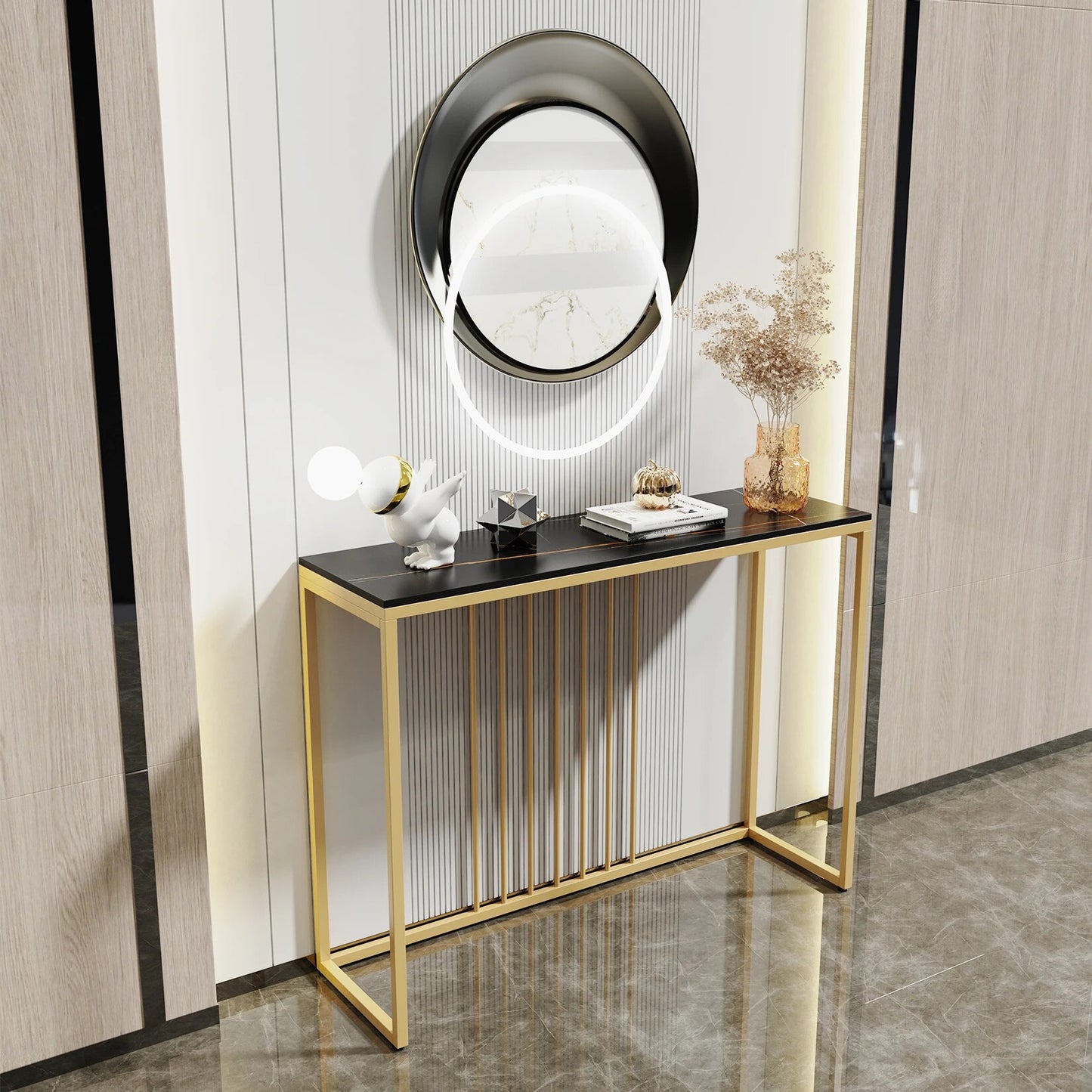 Modern Accent Console Marble Table Gold Metal Frame Storage Display Shelf Narro image 1