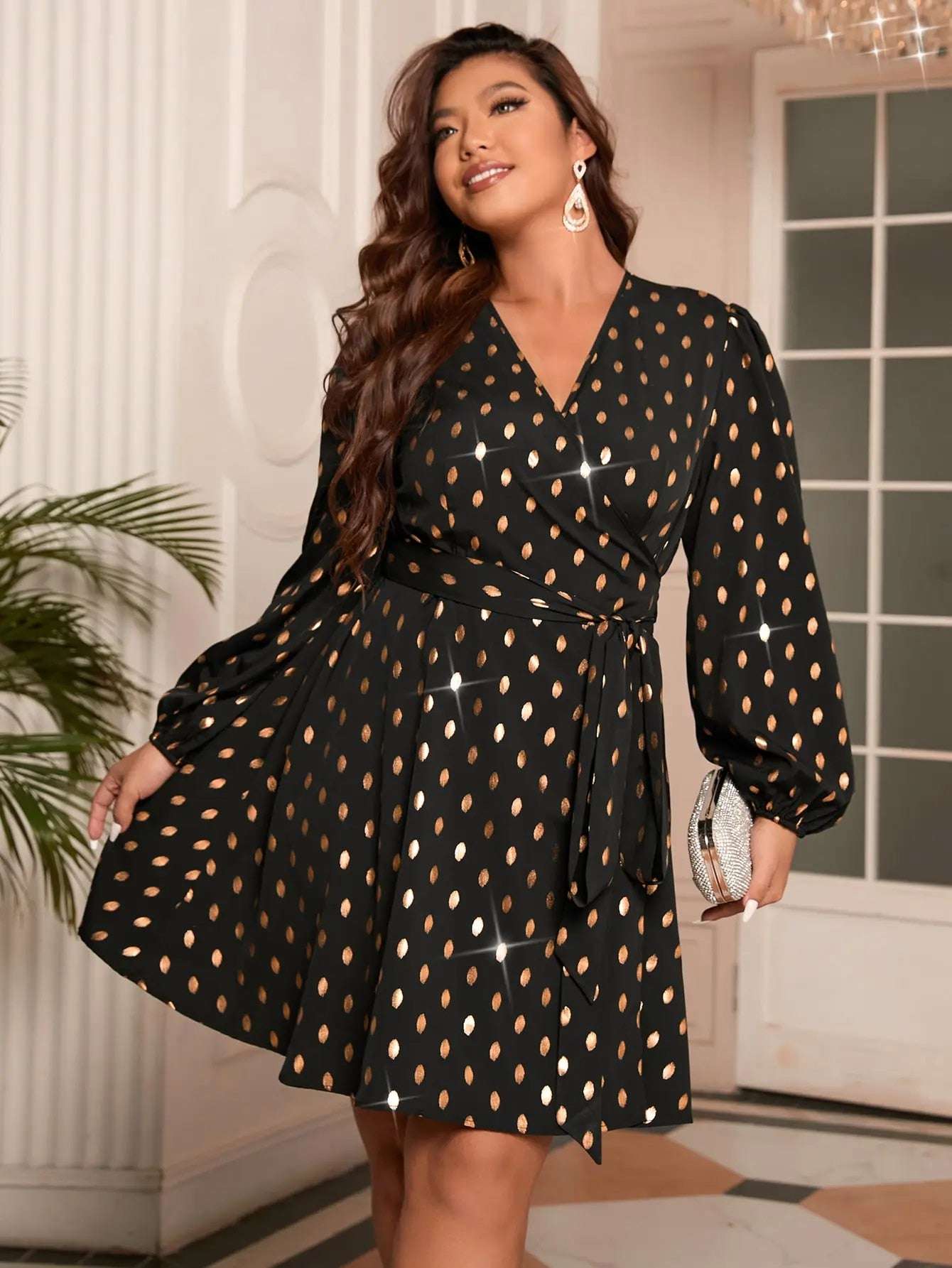 Finjani Plus Size Women's Dress Gold Print Surplice Neck Lantern Sleeve Belted image 3