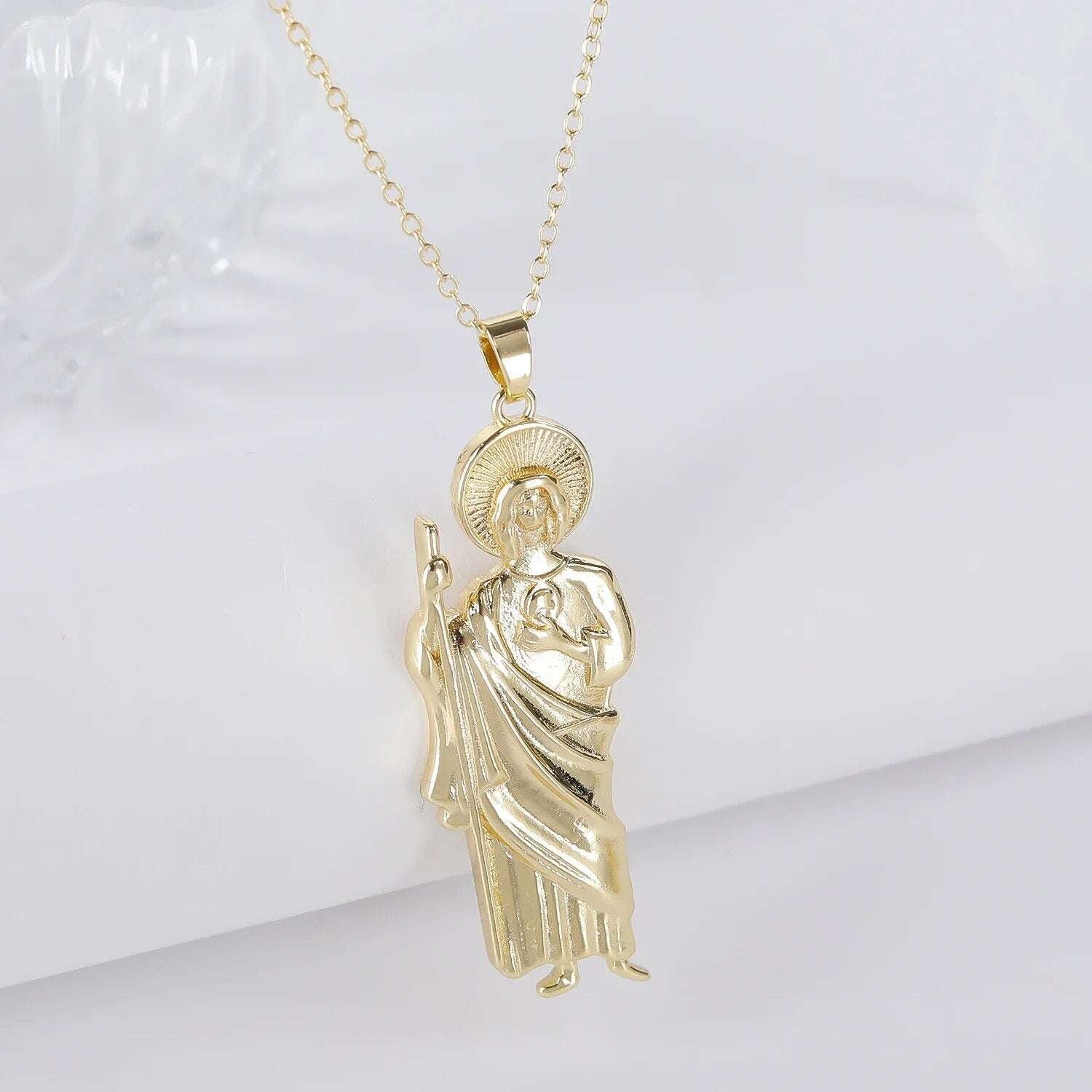 Green Pink Gold Color San Judas Tadeo Pendant Necklace 3 Sizes Gold Necklace fo image 0