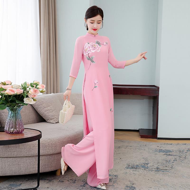 Spring Summer Ao Dai Cheongsam Folk Style Vietnam Chiffon Aodai Graceful Elegan image 4