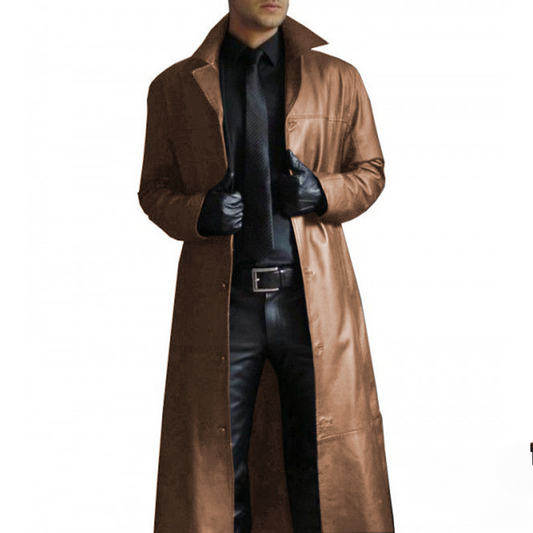 2025 Men Faux Leather Trench Fashion Long Sleeve Autumn Windbreaker Coat Slim L image 0