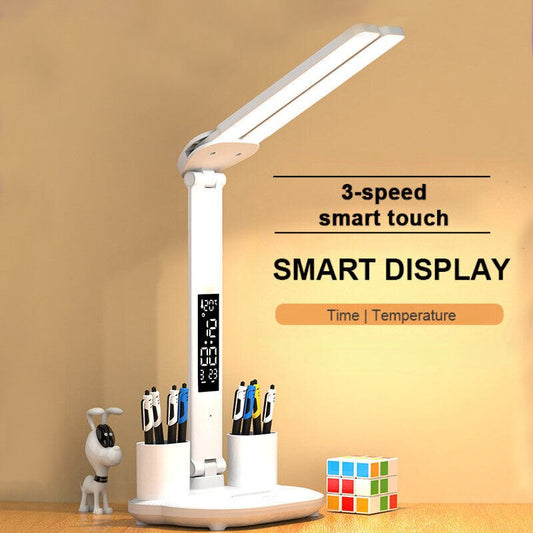 LED Clock Table Lamp USB Chargeable Dimmable Desk Lamps 2 Heads 180 Rotate Fold image 0