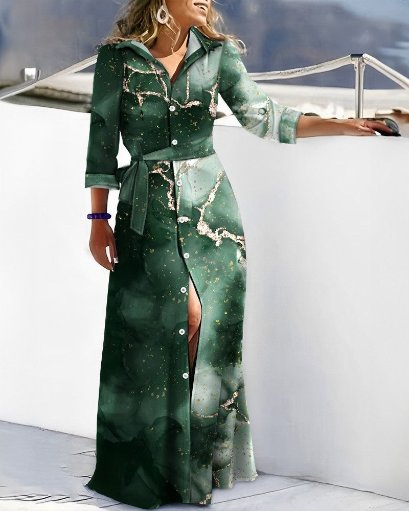 Women Casual Shirt Dress V-Neck Irregular Print Slit Midi Dress Summer Fashion  image 3