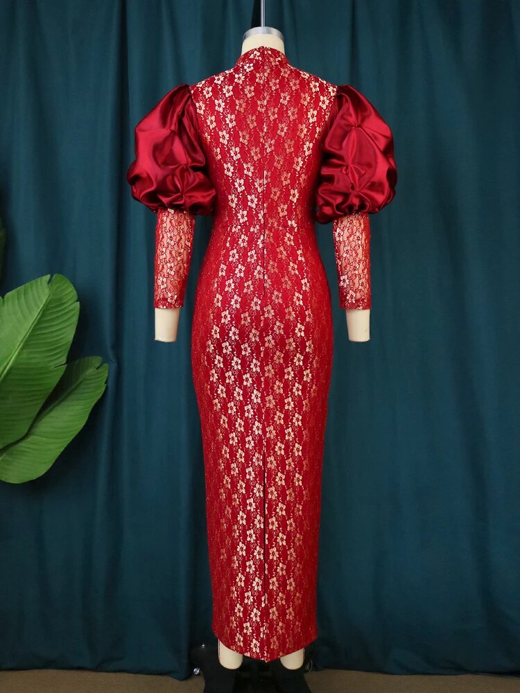 Plus Size Long Sleeves Dresses Women Bodycon Party Gold Lace Robes Patchwork El image 2