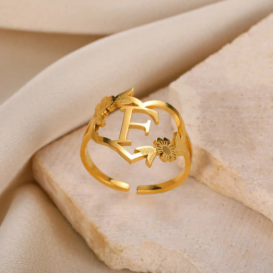 Stainless Steel Initials Flower Heart Rings Gold Color Adjustable Delicate Lett image 0