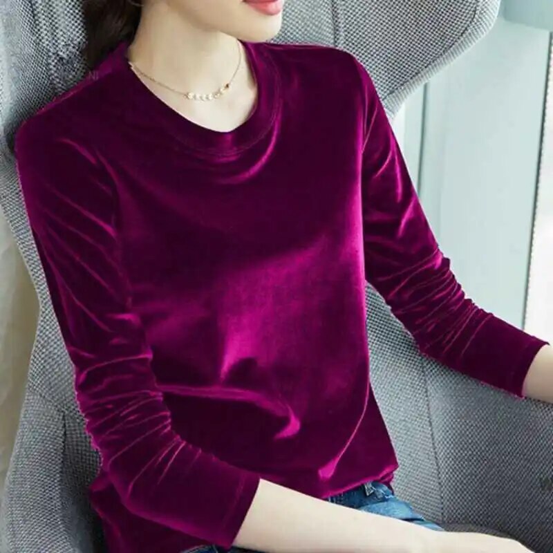 Spring Long Sleeve Loose Early Autumn T-shirt Women Gold Velvet Short Paragraph image 6