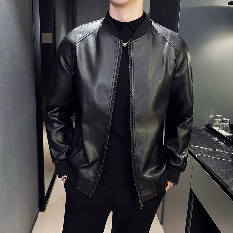 Men's PU Leather Jacket Fashion Baseball Collar Casual  Jackets Solid Color Mot image 1