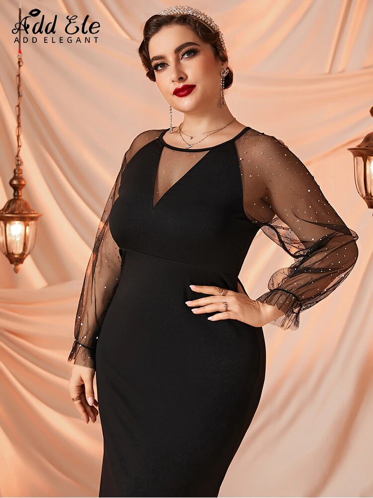 Add Elegant Plus Size Women's Dresses Petal Sleeve Neckline Paneled Sheer Mesh image 0
