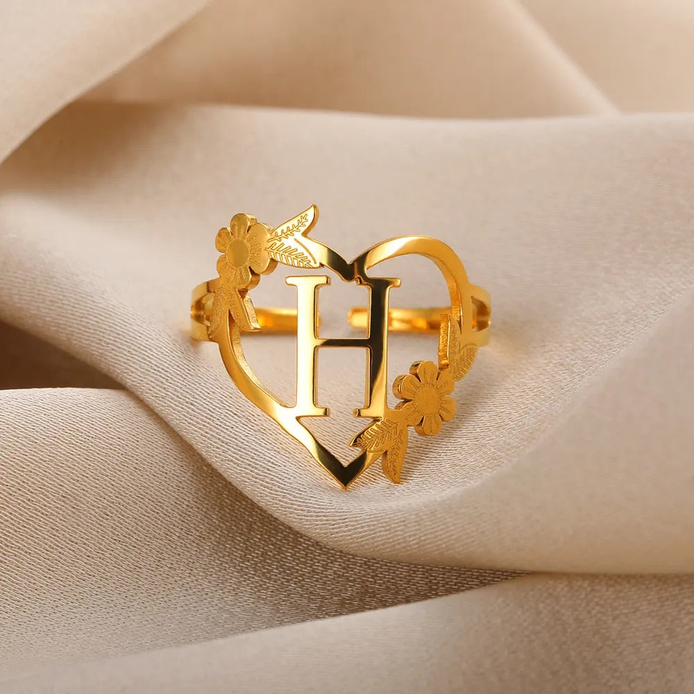 Stainless Steel Initials Flower Heart Rings Gold Color Adjustable Delicate Lett image 26