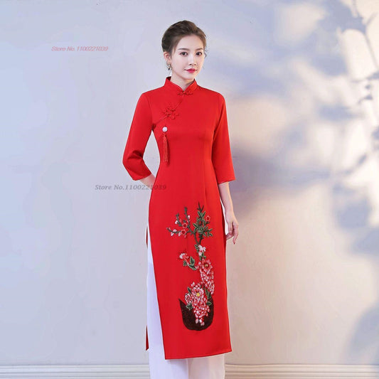 2024 ao dai cheongsam dress oriental qipao dress+pants set vietnam vintage flow image 0