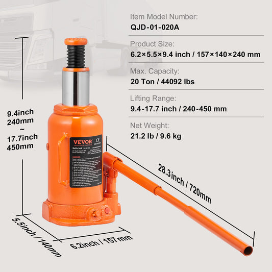 VEVOR Hydraulic Bottle Jack 20 Ton/44092 LBS All Welded Bottle Jack for Car Pic image 0