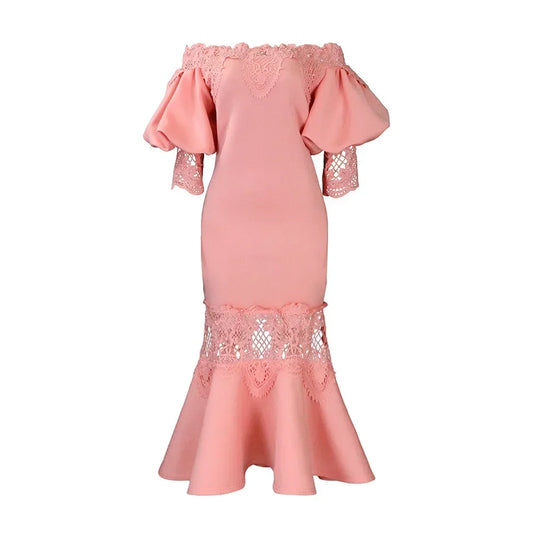 Elegant African Women White Lace Dress Mermaid Puff Sleeve Bodycon Dresses Plus image 0