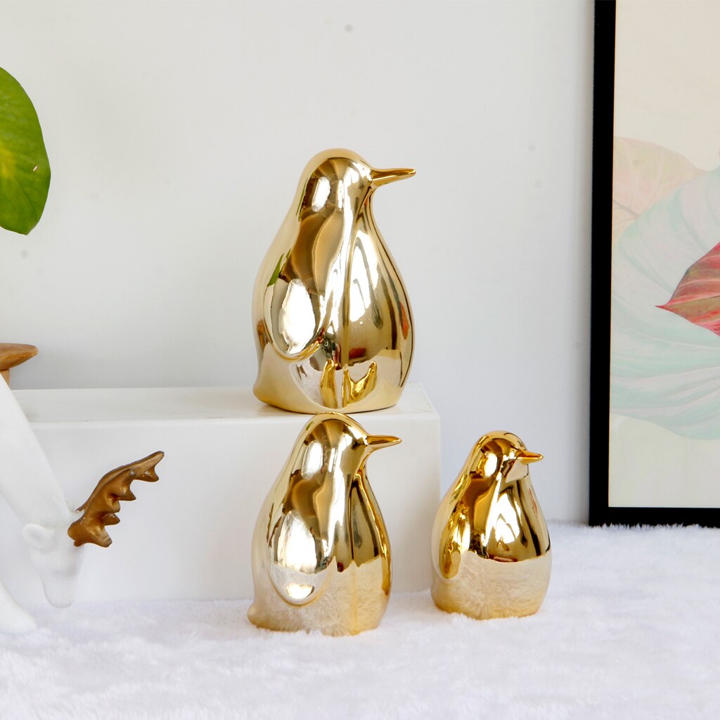 Gold Ceramic Penguin Fake Animal Statue - Funny Sculpture Ornaments Décor - Ind image 3