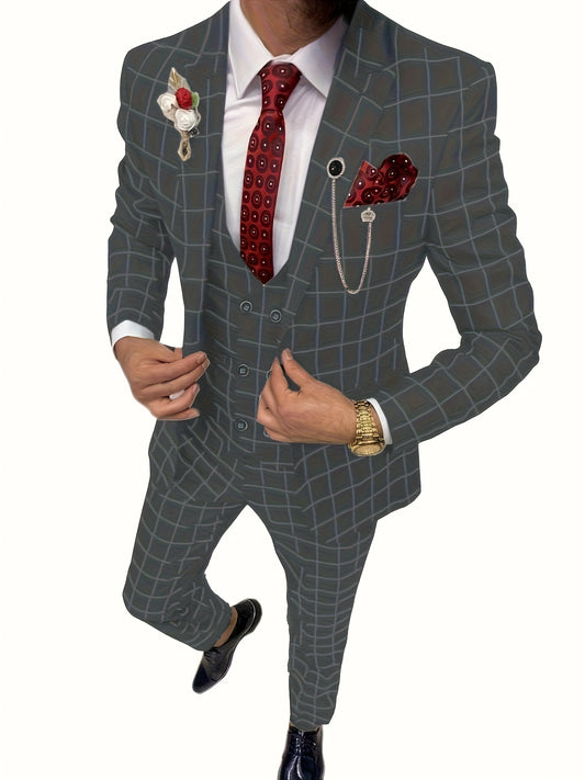 Elegant Men's Suit 3 Pieces Plaid Tuxedos Business Suits Slim Fit Double Breast image 0