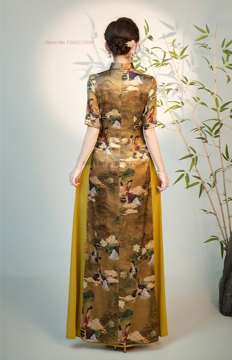 2024 vietnam traditional aodai dress chinese improved qipao national crane prin image 2