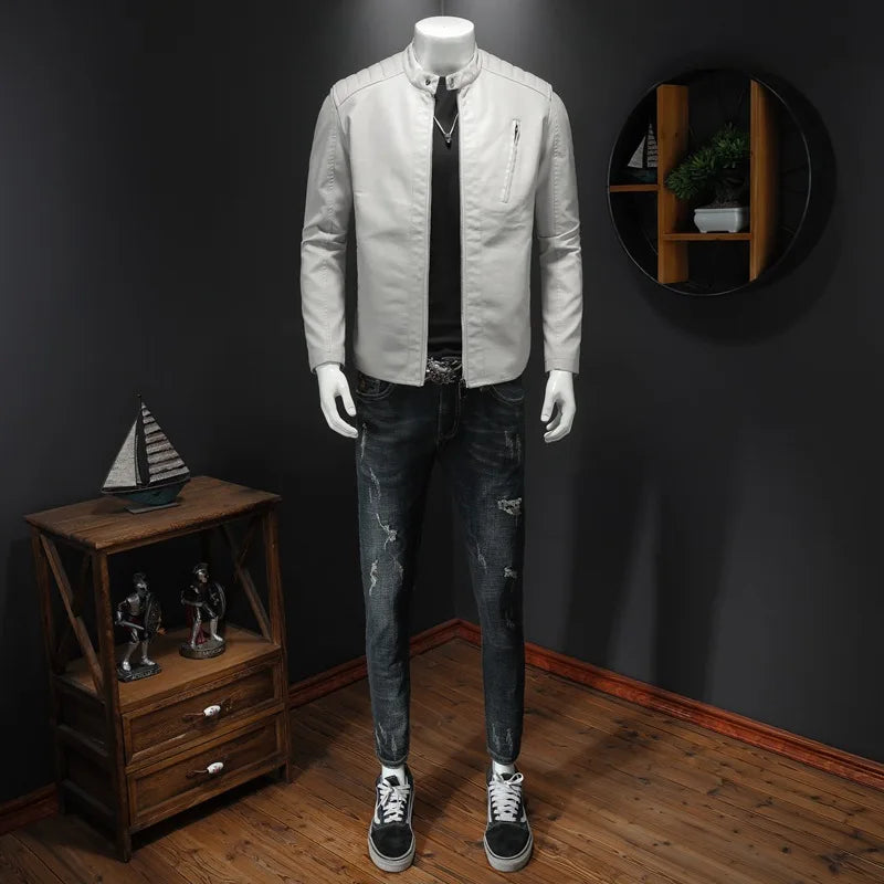 2024 Men Leather Jacket Stand Collar Slim Pu Leather Jacket Autumn Fashion Men  image 3