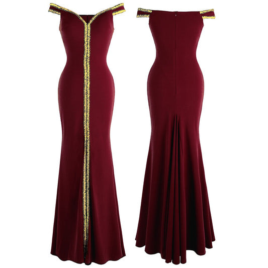 Angel-fashions Women's Boat Neck Formal Black Dress Gold Sequin Slit Evening image 0