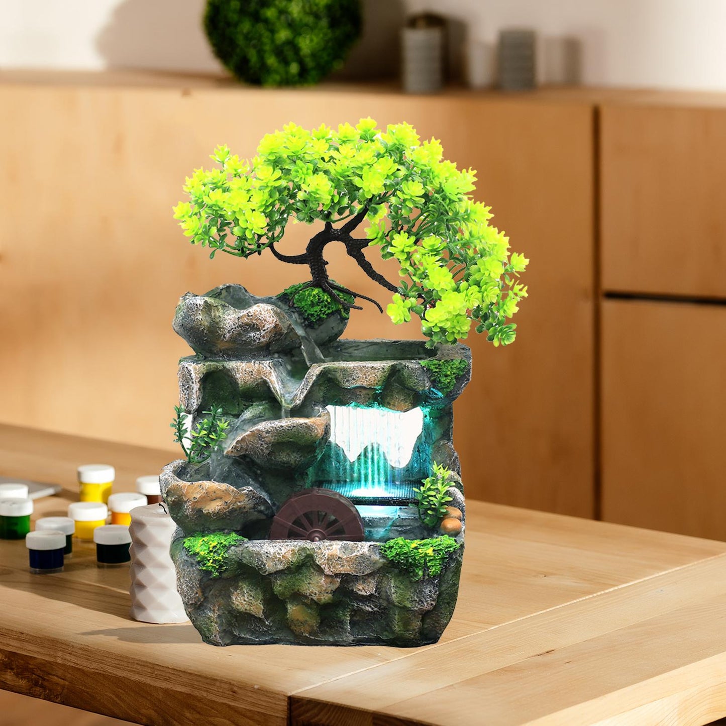 Tabletop Water Fountain with Light Cascading Rockery Bonsai Decor Desk Decorati image 4