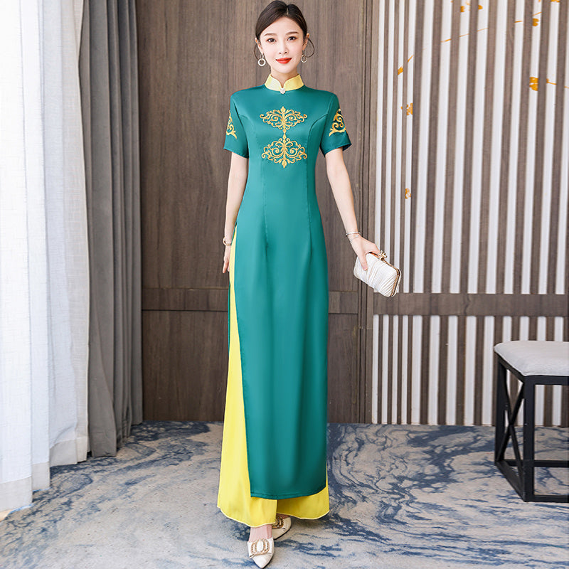 Ao Dai Vietnam Improve Qipao Green Women Fashion Long Chinese Style Two Piece S image 6