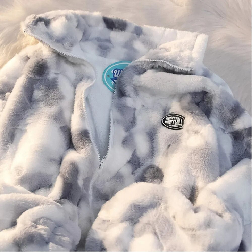New Women's Tie Dye Lamb Fleece Jacket Autumn Winter Zipper Outerwear Warm Plus image 6
