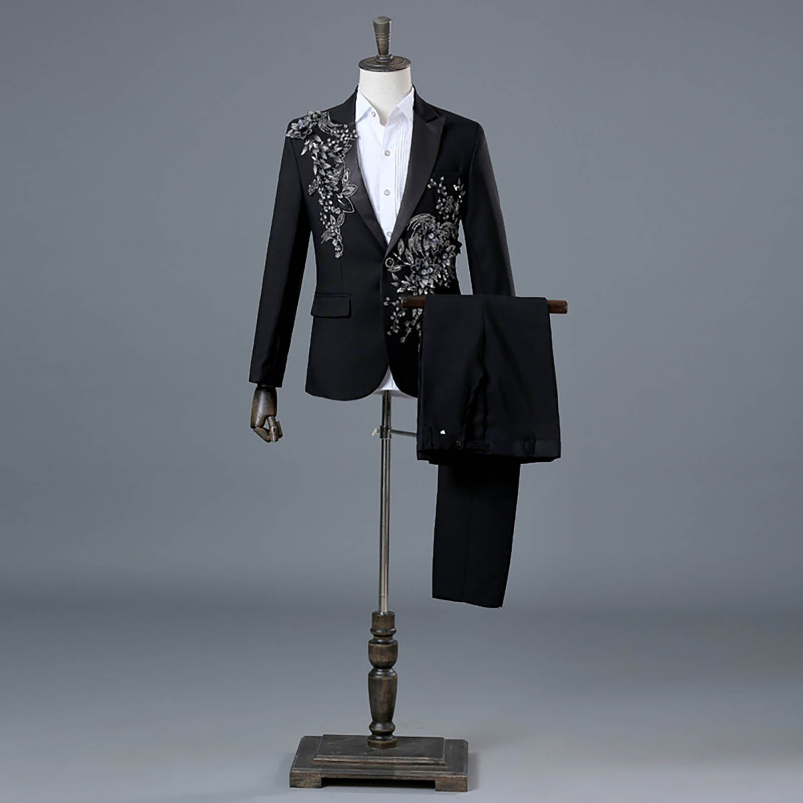 Floral Embroider Men's Suits Singer Nightclub Wedding Party Host One Button Sli image 2