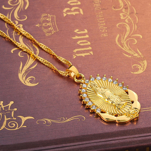 Virgin Mary Necklace Gold Color Bijoux Imitation Crystal Statement Necklace image 0